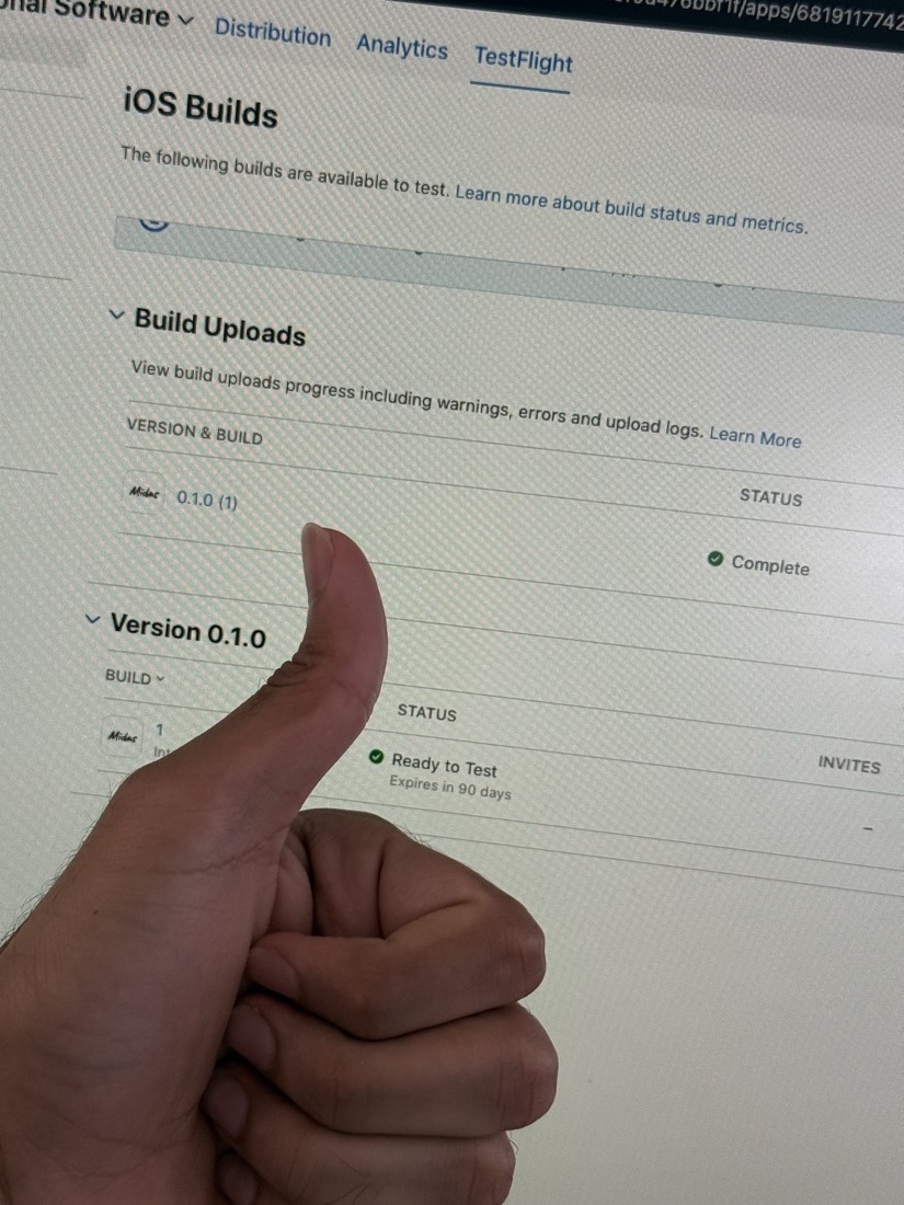 App Store Connect showing Midas version 0.1.0 build 1 with status Ready to Test